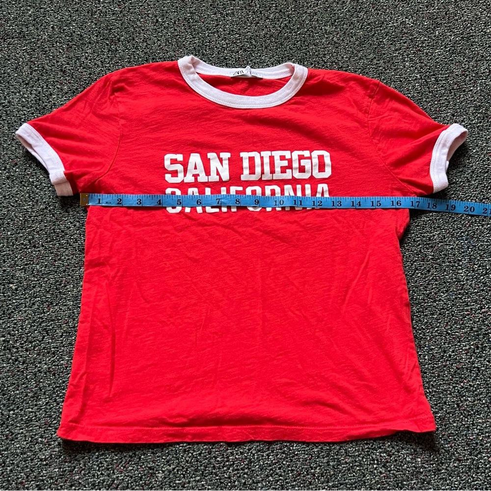 ZARA Red & White Varsity Baseball Graphic Short-Sleeve Ringer T-Shirt Shirt sz M - Picture 9 of 16